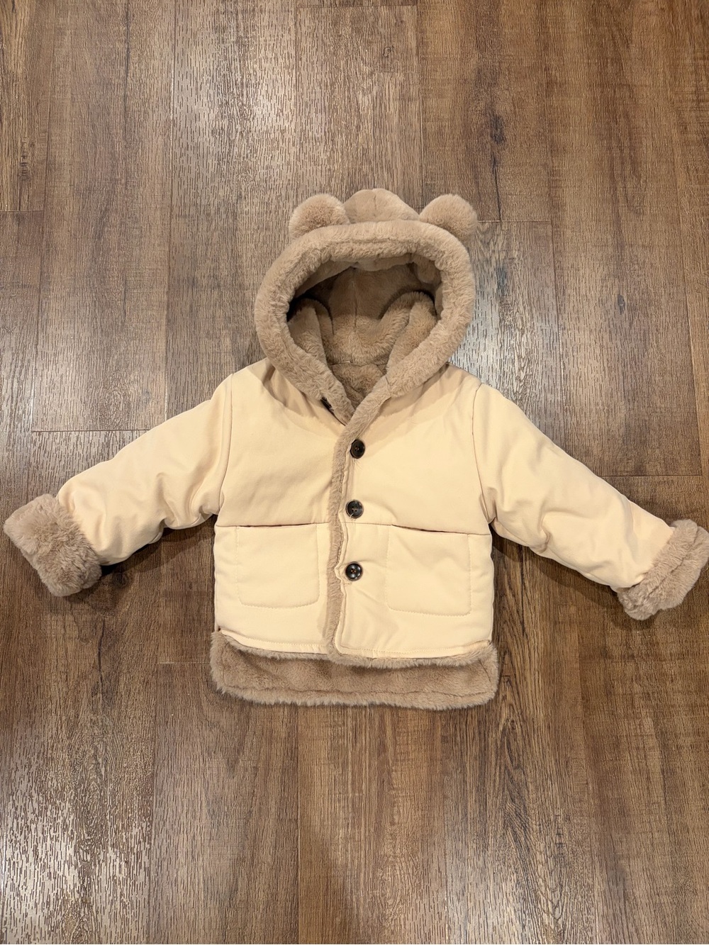 NinkyNonk Baby Winter Coat Size 80 Cream Taupe Faux Fur Bear Ear Hood
